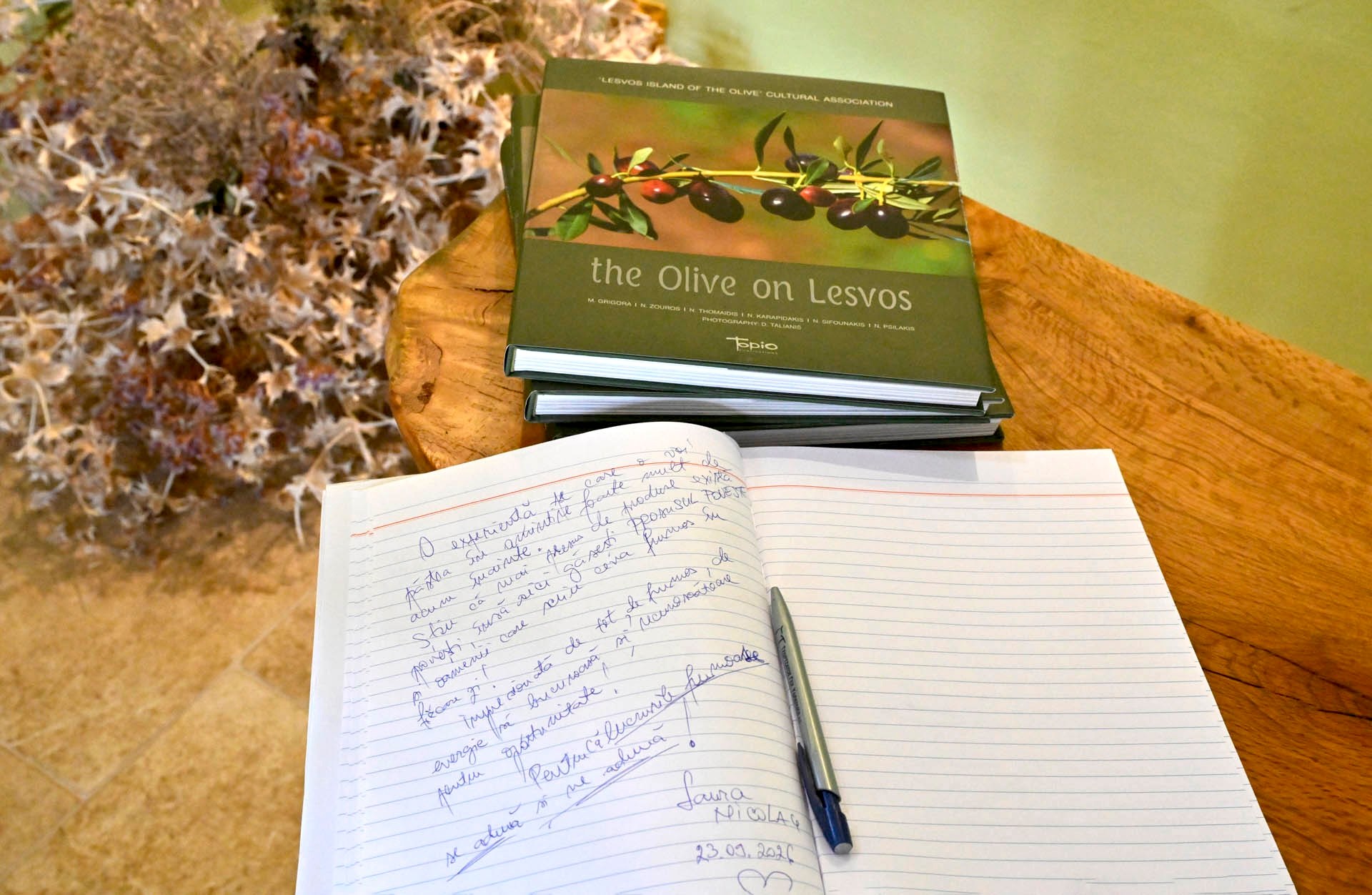 A note left in the guest book, beside the book The Olive on Lesvos