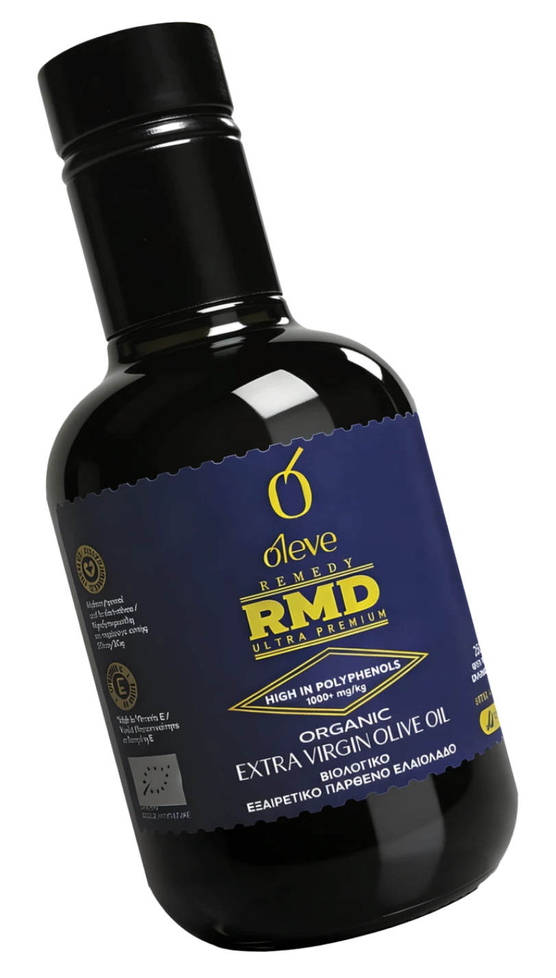 Ol-eve Remedy RMD, βιολογικό εξαιρετικό παρθένο ελαιόλαδο υψηλό σε πολυφαινόλες, στο σκούρο γυάλινο μπουκάλι του