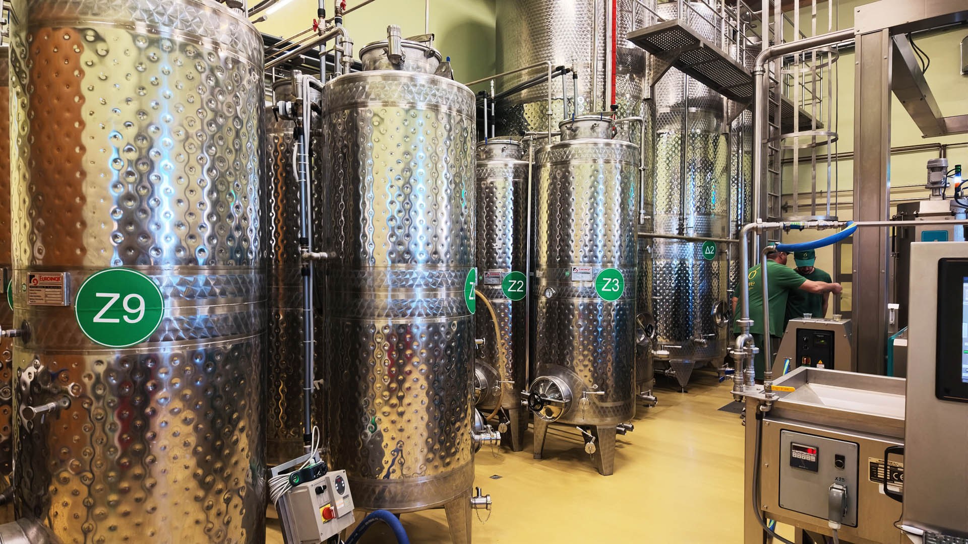 A row of numbered stainless-steel tanks, the team at work beside them