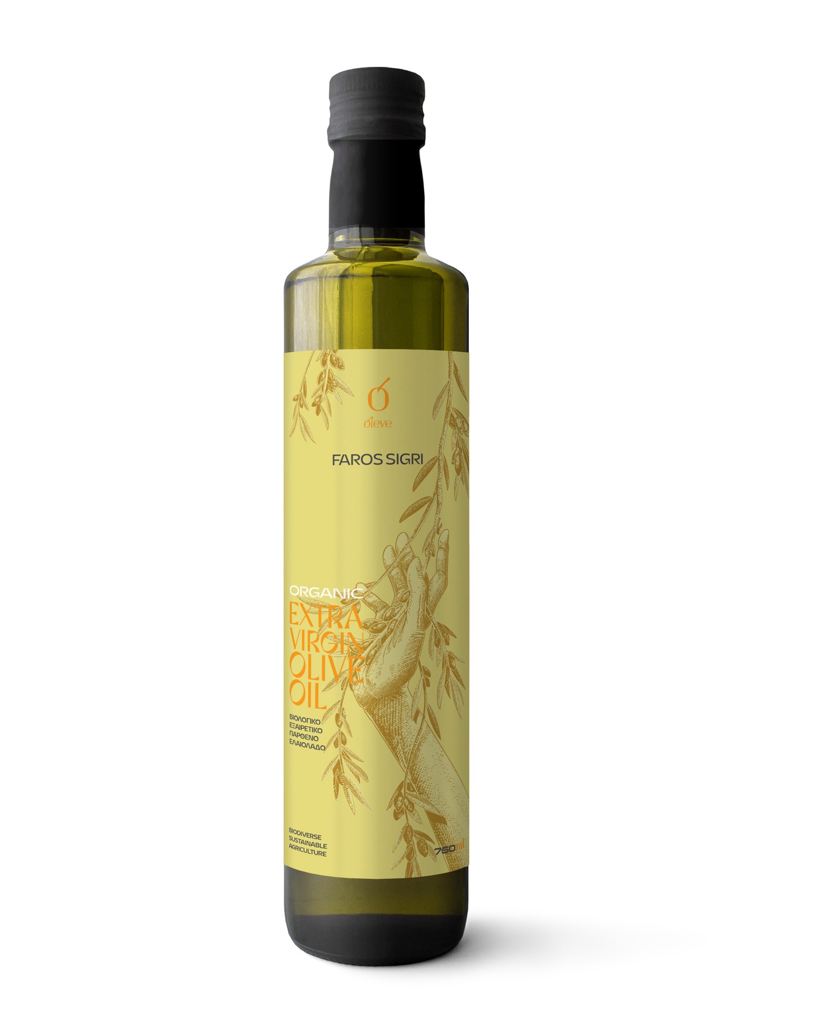 A bottle of Ol-eve Faros Sigri, the yellow label